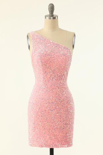 Pink One Shoulder Sequins Tight Cocktail Dress